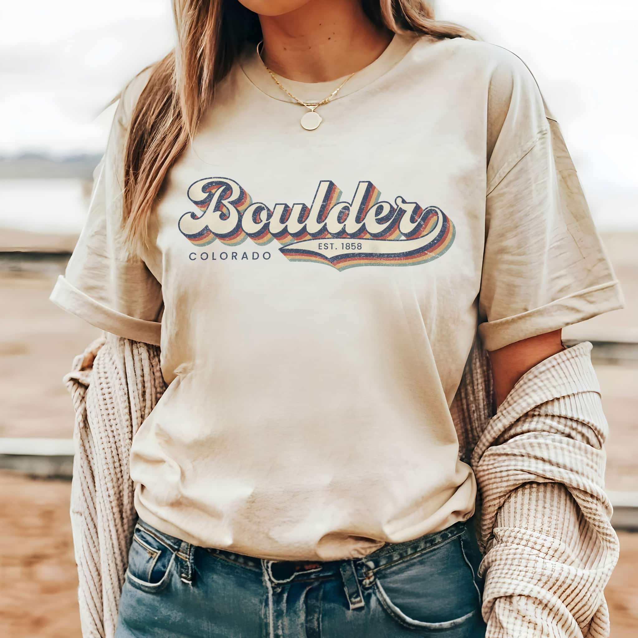 Woman wearing cute Retro-style Boulder tee shirt