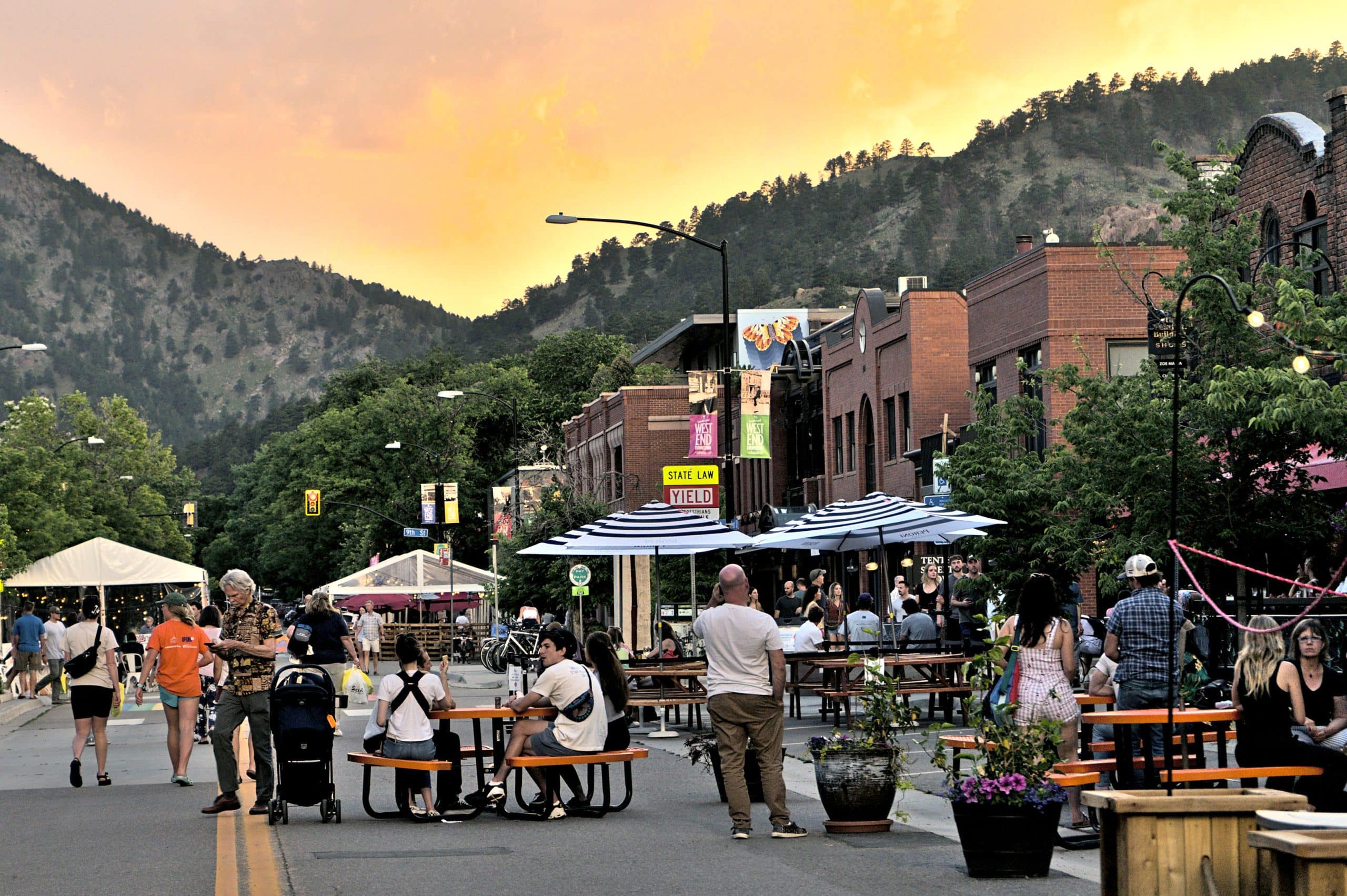 Pearl Street Mall festival in Boulder, CO at sunset